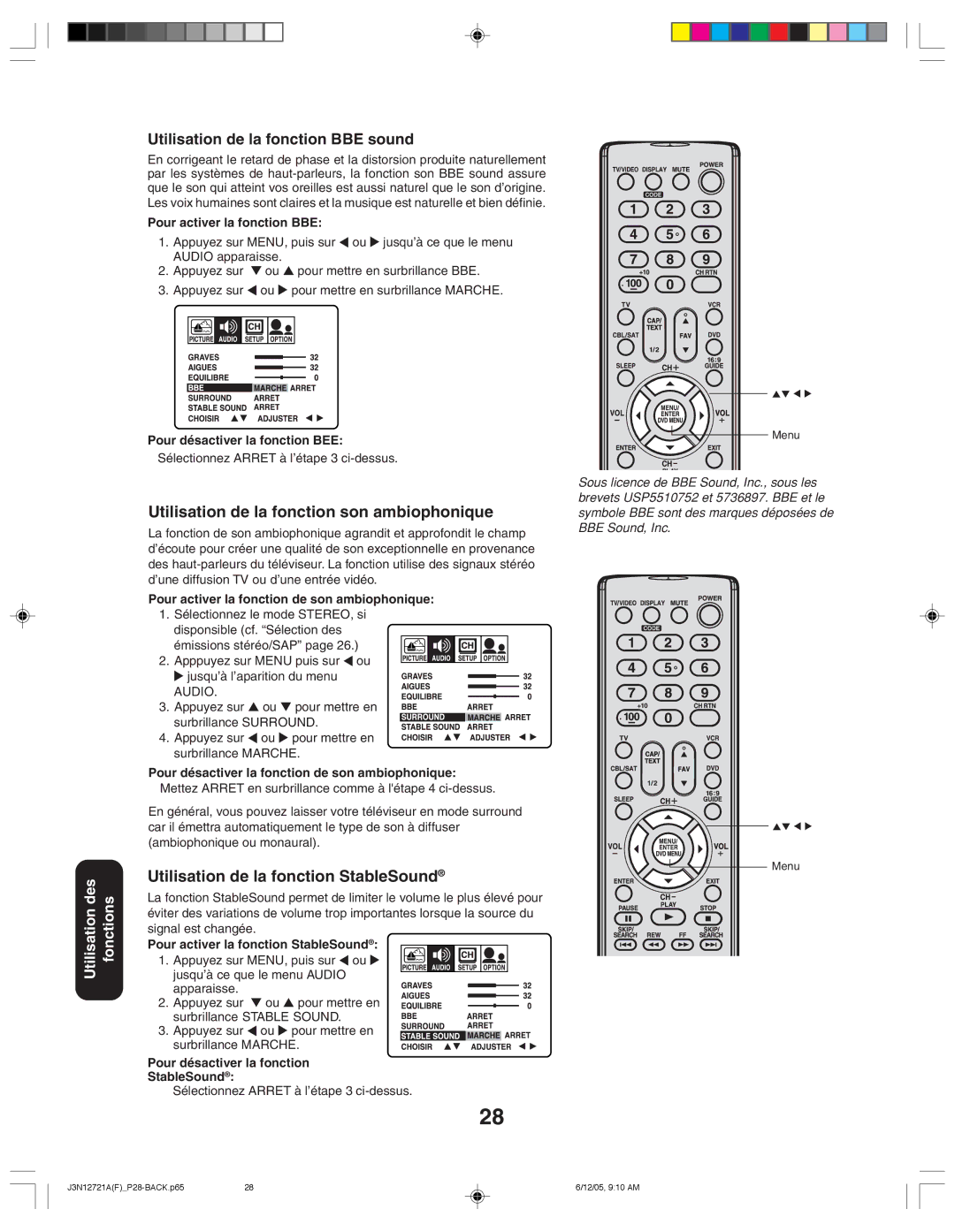 Toshiba 27AFX56 appendix Utilisation de la fonction BBE sound, Utilisation de la fonction son ambiophonique 