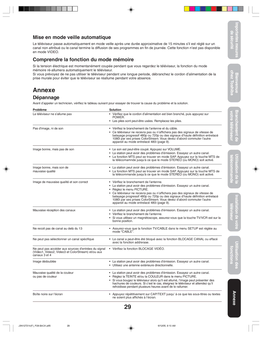 Toshiba 27AFX56 appendix Annexe, Mise en mode veille automatique, Comprendre la fonction du mode mémoire, Dépannage 