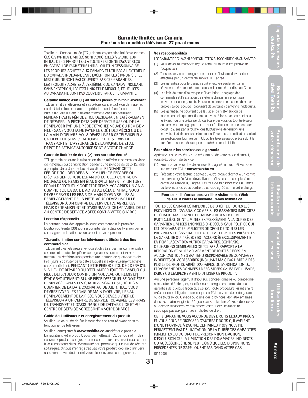 Toshiba 27AFX56 appendix Garantie limitée au Canada 