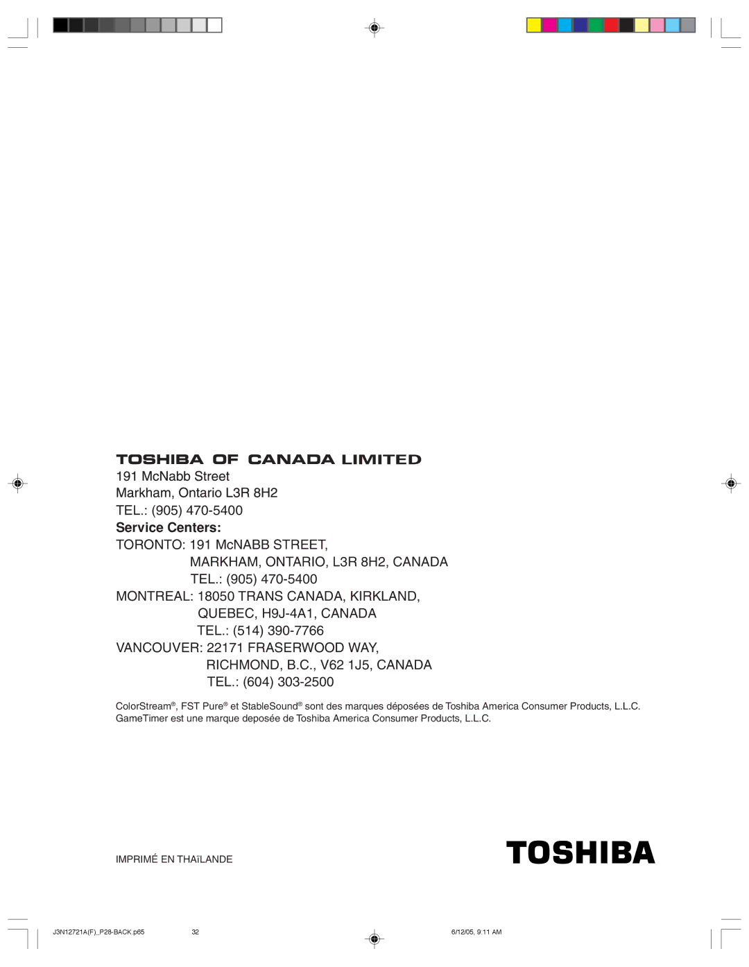 Toshiba 27AFX56 appendix Service Centers 