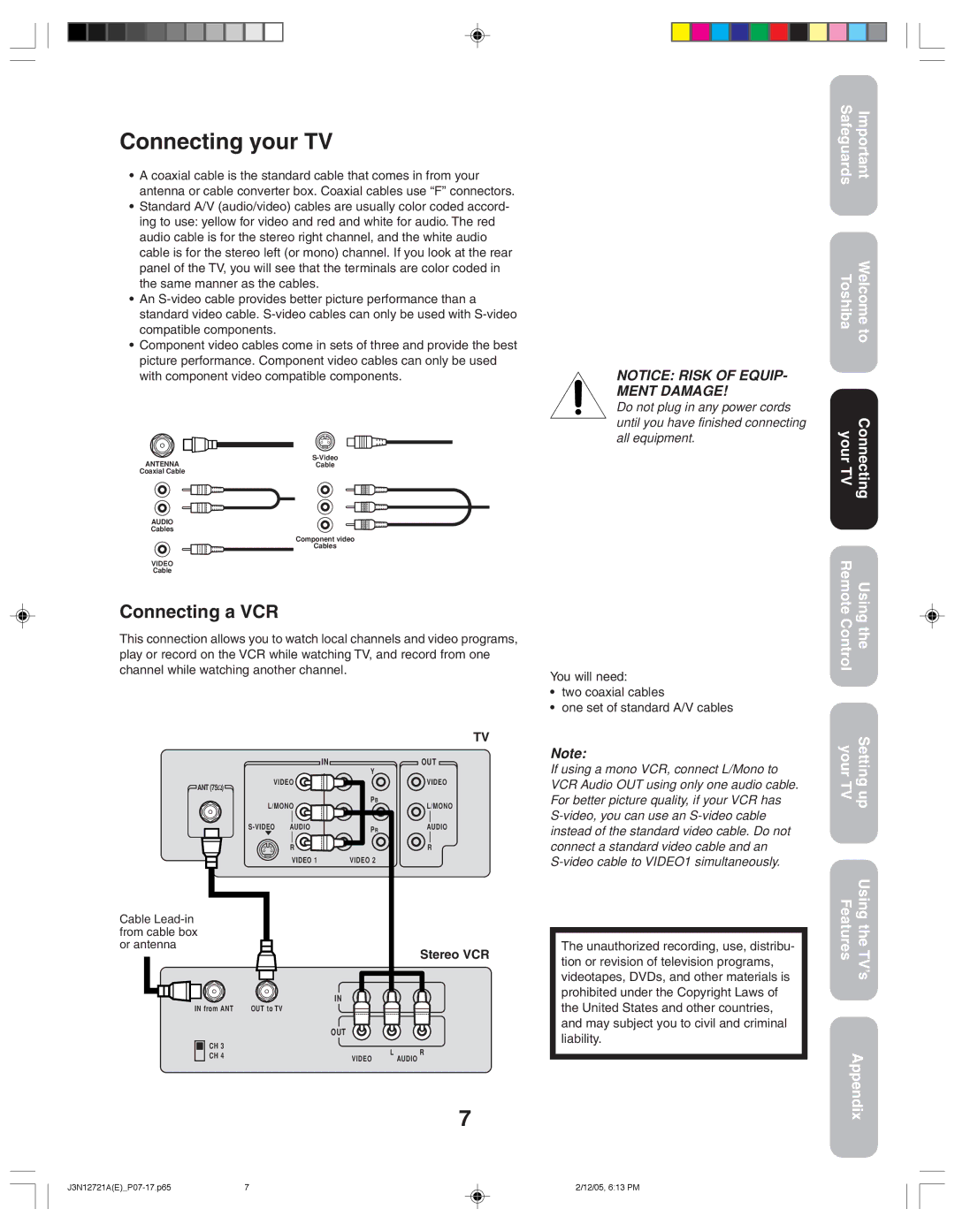 Toshiba 27AFX56 appendix Connecting your TV, Connecting a VCR, Your TV Features Setting up Using the TV’s, Stereo VCR 