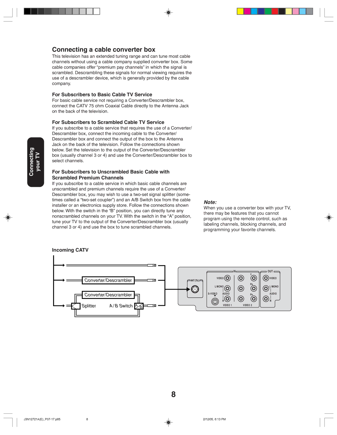 Toshiba 27AFX56 appendix Connecting a cable converter box, For Subscribers to Basic Cable TV Service 