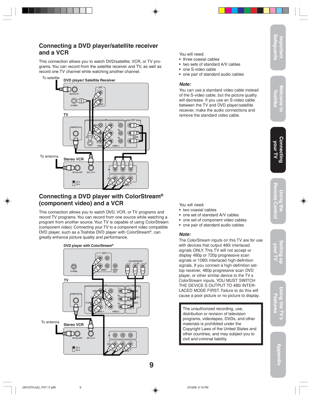 Toshiba 27AFX56 appendix Connecting a DVD player/satellite receiver and a VCR, To satellite DVD player/ Satellite Receiver 