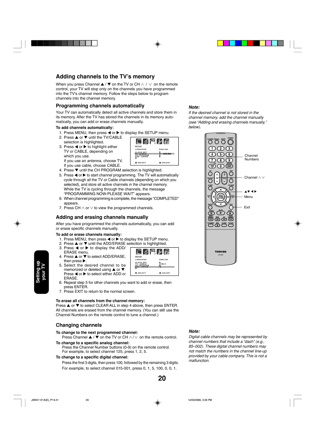 Toshiba 27D46 Adding channels to the TV’s memory, Programming channels automatically, Adding and erasing channels manually 