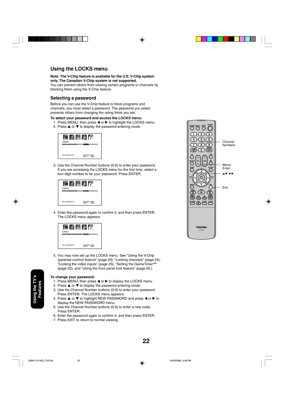 Toshiba 27D46 appendix Using the Locks menu, Selecting a password, To select your password and access the Locks menu 