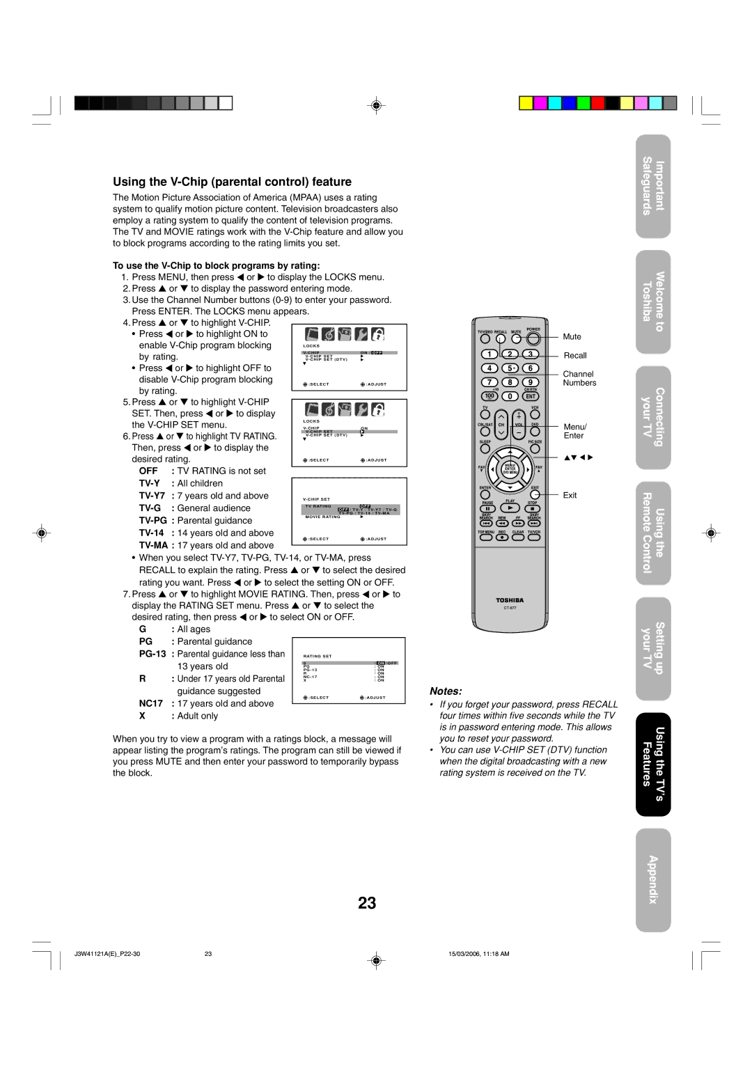 Toshiba 27D46 appendix Using the V-Chip parental control feature 