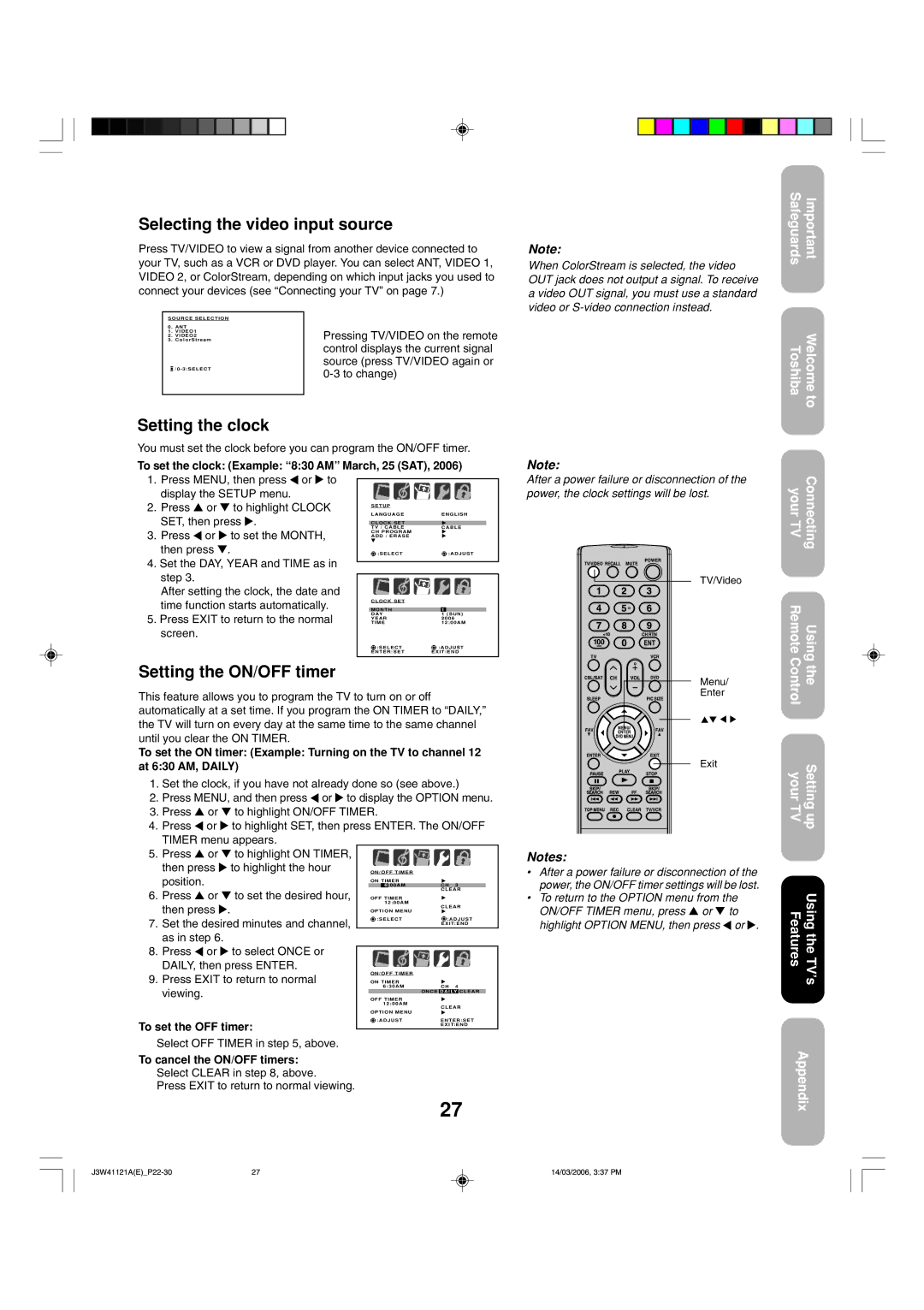 Toshiba 27D46 appendix Selecting the video input source, Setting the clock, Setting the ON/OFF timer 