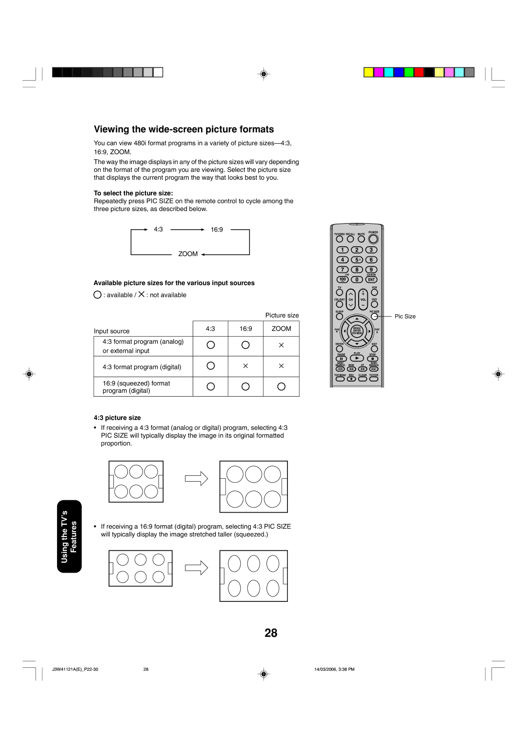 Toshiba 27D46 appendix Viewing the wide-screen picture formats, To select the picture size, Zoom, Picture size 