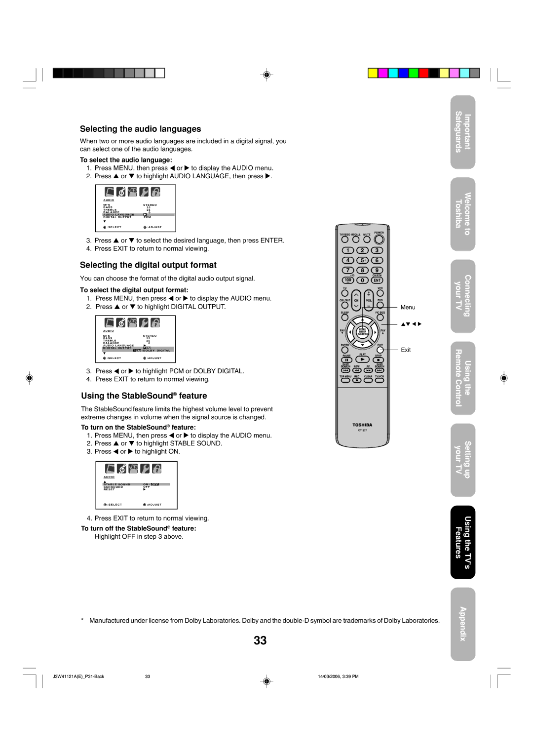 Toshiba 27D46 appendix Selecting the audio languages, Selecting the digital output format, Using the StableSound feature 