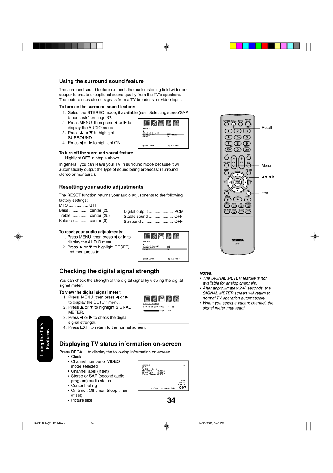 Toshiba 27D46 appendix Checking the digital signal strength, Displaying TV status information on-screen 