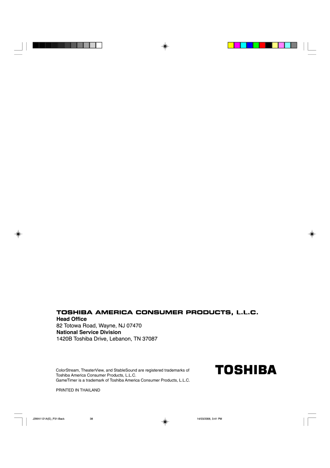 Toshiba 27D46 appendix National Service Division 