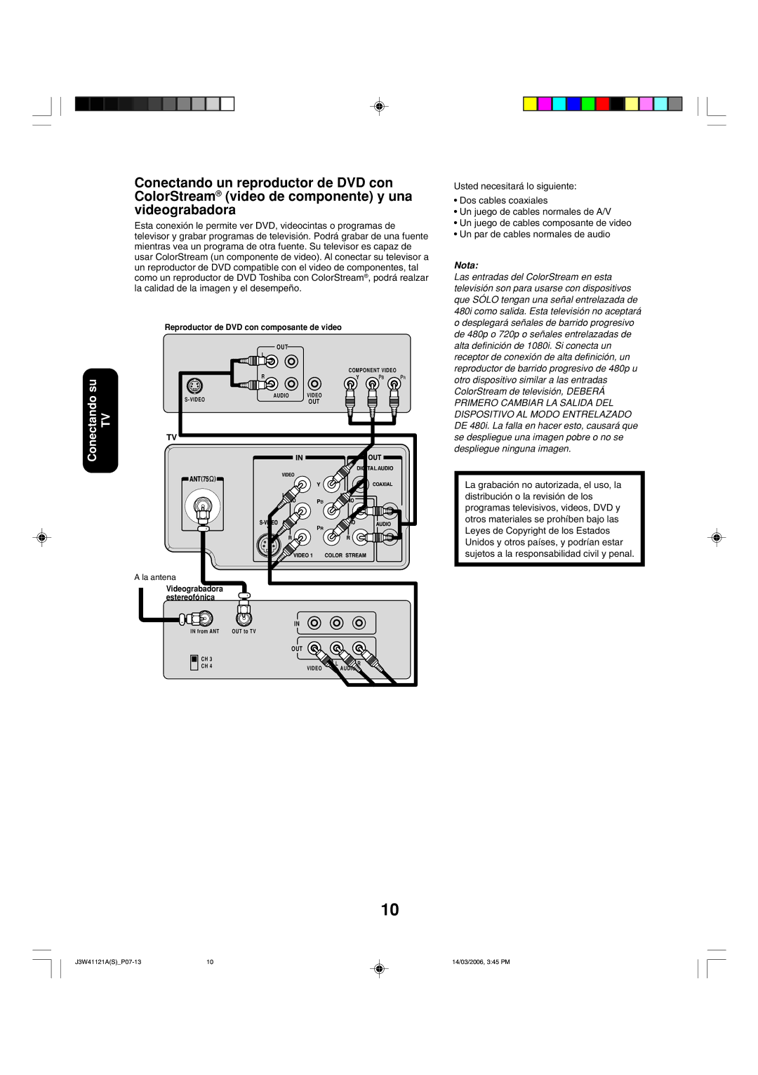 Toshiba 27D46 appendix Nota, Reproductor de DVD con composante de video 