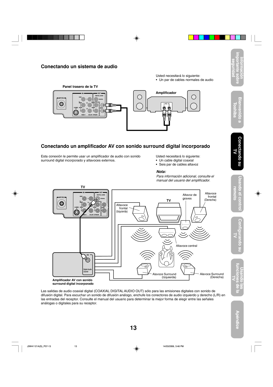 Toshiba 27D46 appendix Conectando un sistema de audio, Panel trasero de la TV Amplificador 