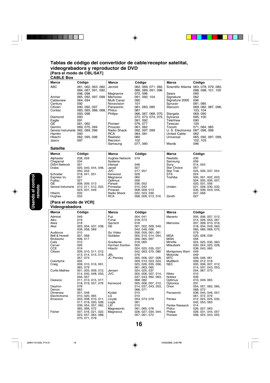 Toshiba 27D46 appendix Para el modo de CBL/SAT Cable Box, Marca Código 