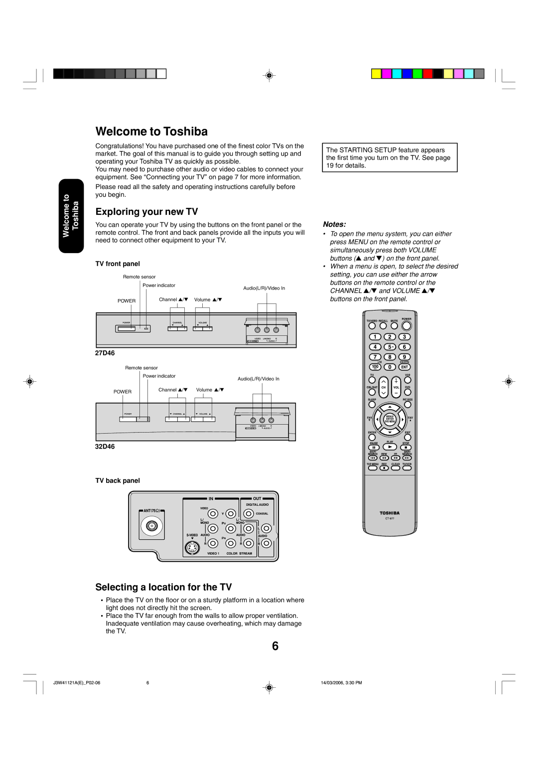 Toshiba 27D46 appendix Welcome to Toshiba, Exploring your new TV, Selecting a location for the TV 