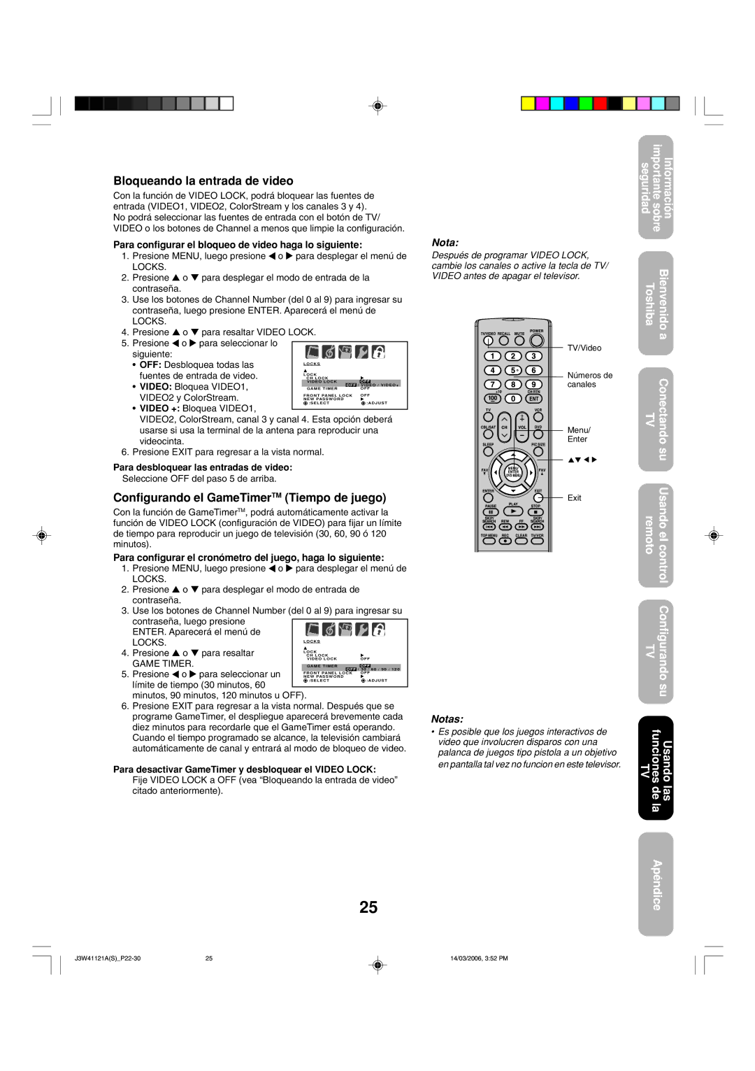 Toshiba 27D46 appendix Bloqueando la entrada de video, Configurando el GameTimerTM Tiempo de juego 