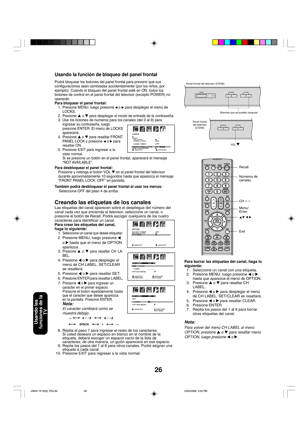 Toshiba 27D46 appendix Creando las etiquetas de los canales, Usando la función de bloqueo del panel frontal 