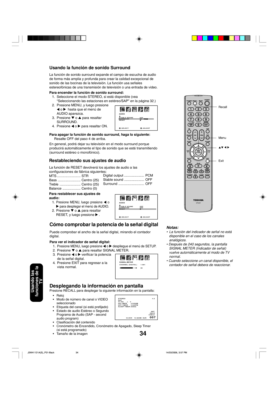 Toshiba 27D46 appendix Cómo comprobar la potencia de la señal digital, Desplegando la información en pantalla 