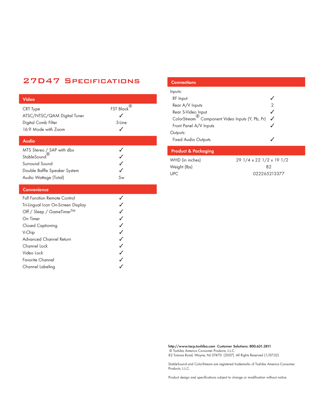 Toshiba manual 27D47 Specifications, Video, Audio, Convenience, Connections 