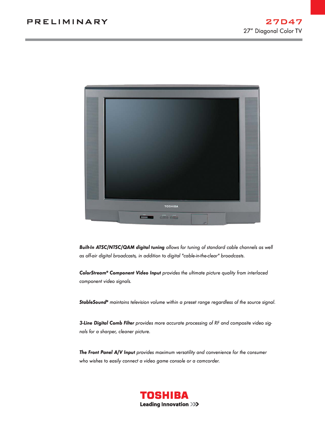 Toshiba 27D47 manual Preliminary, 27” Diagonal Color TV 