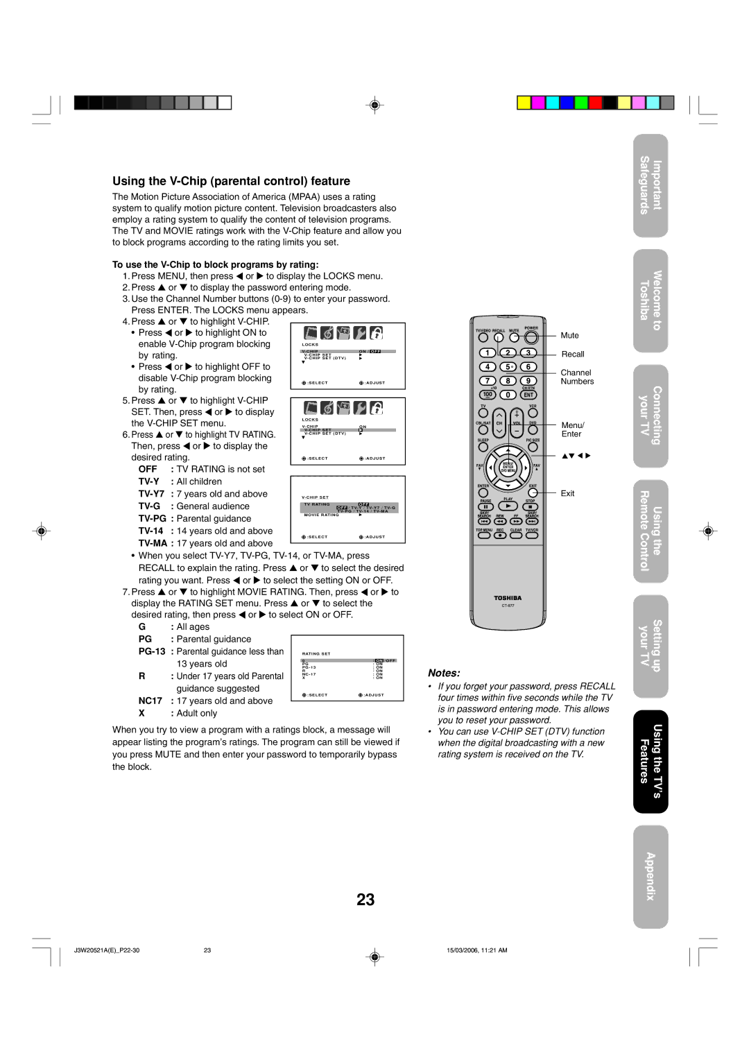 Toshiba 27DF46 appendix Using the V-Chip parental control feature 