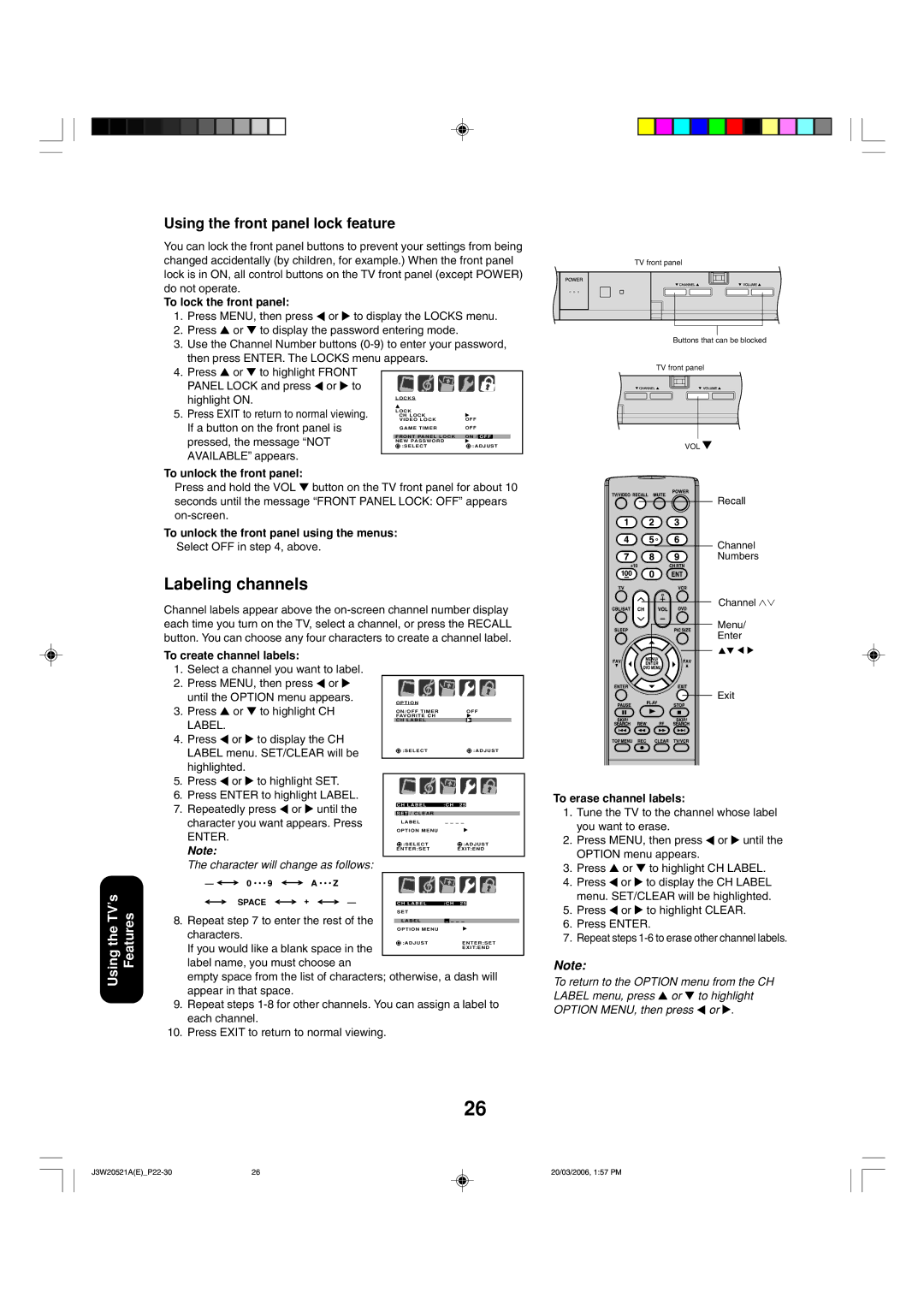 Toshiba 27DF46 appendix Labeling channels, Using the front panel lock feature 