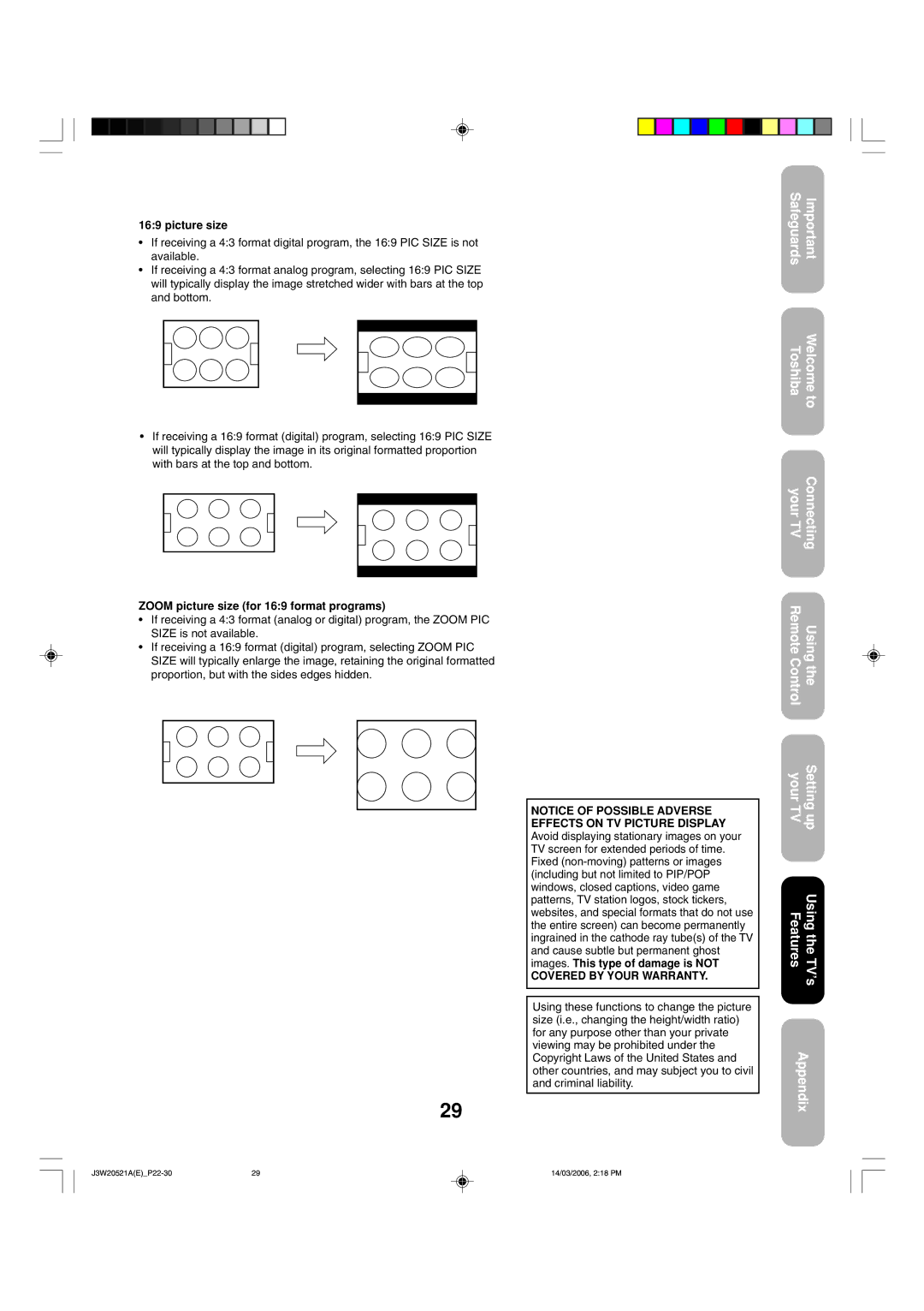 Toshiba 27DF46 appendix Zoom picture size for 169 format programs, Covered by Your Warranty 