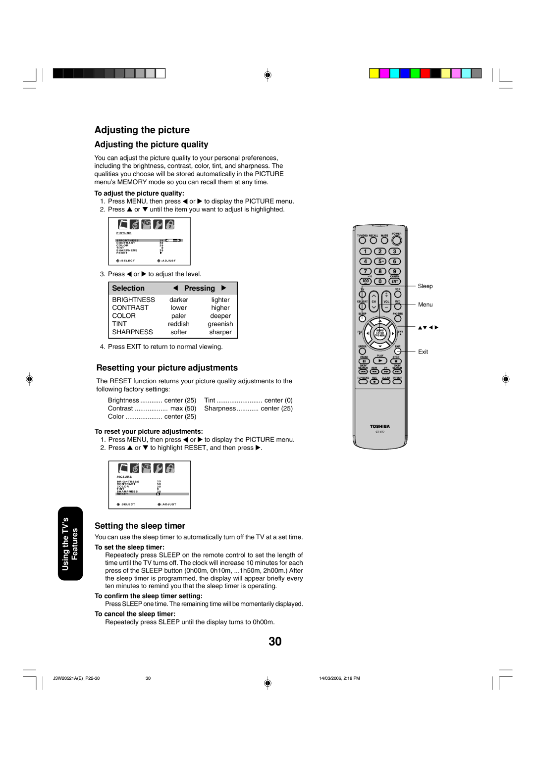 Toshiba 27DF46 appendix Adjusting the picture quality, Resetting your picture adjustments, Setting the sleep timer 