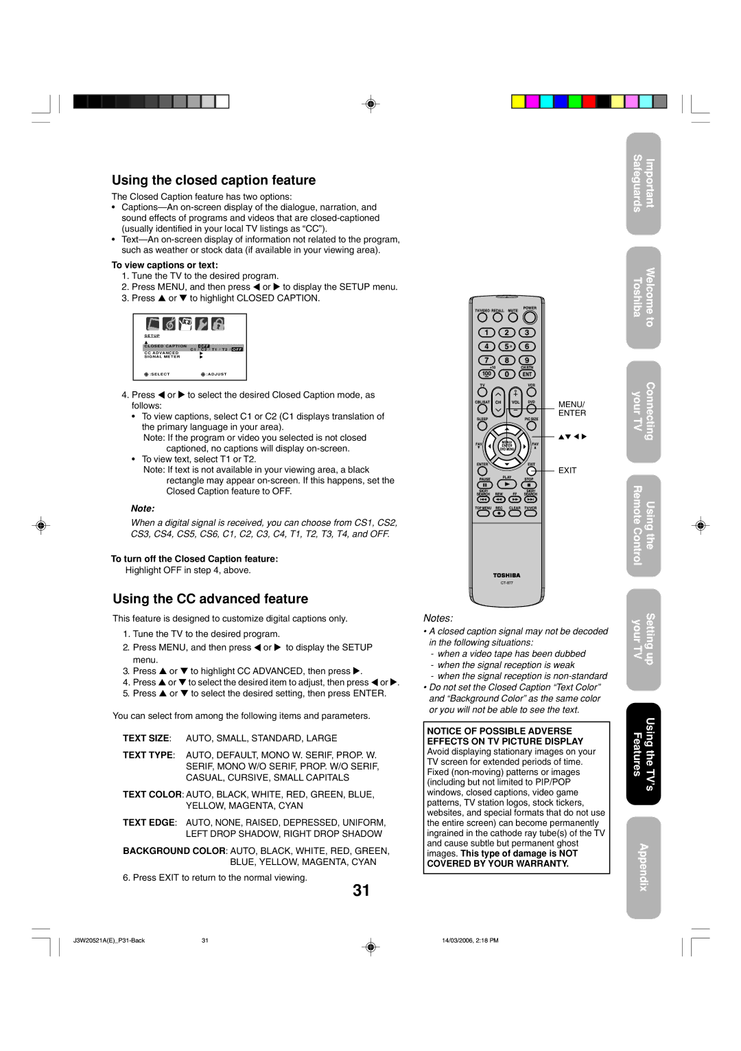 Toshiba 27DF46 appendix Using the closed caption feature, Using the CC advanced feature, To view captions or text 