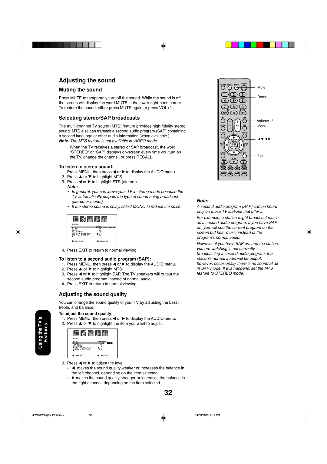 Toshiba 27DF46 appendix Muting the sound, Selecting stereo/SAP broadcasts, Adjusting the sound quality 