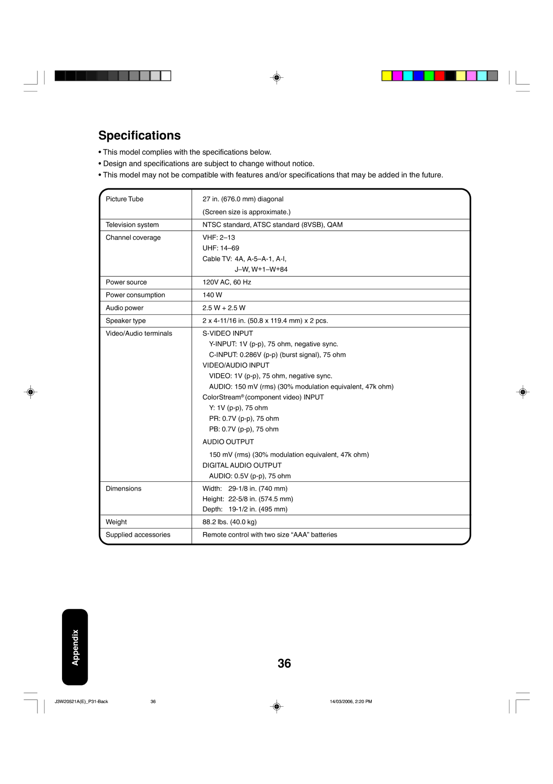 Toshiba 27DF46 appendix Specifications, Video Input, VIDEO/AUDIO Input, Digital Audio Output 