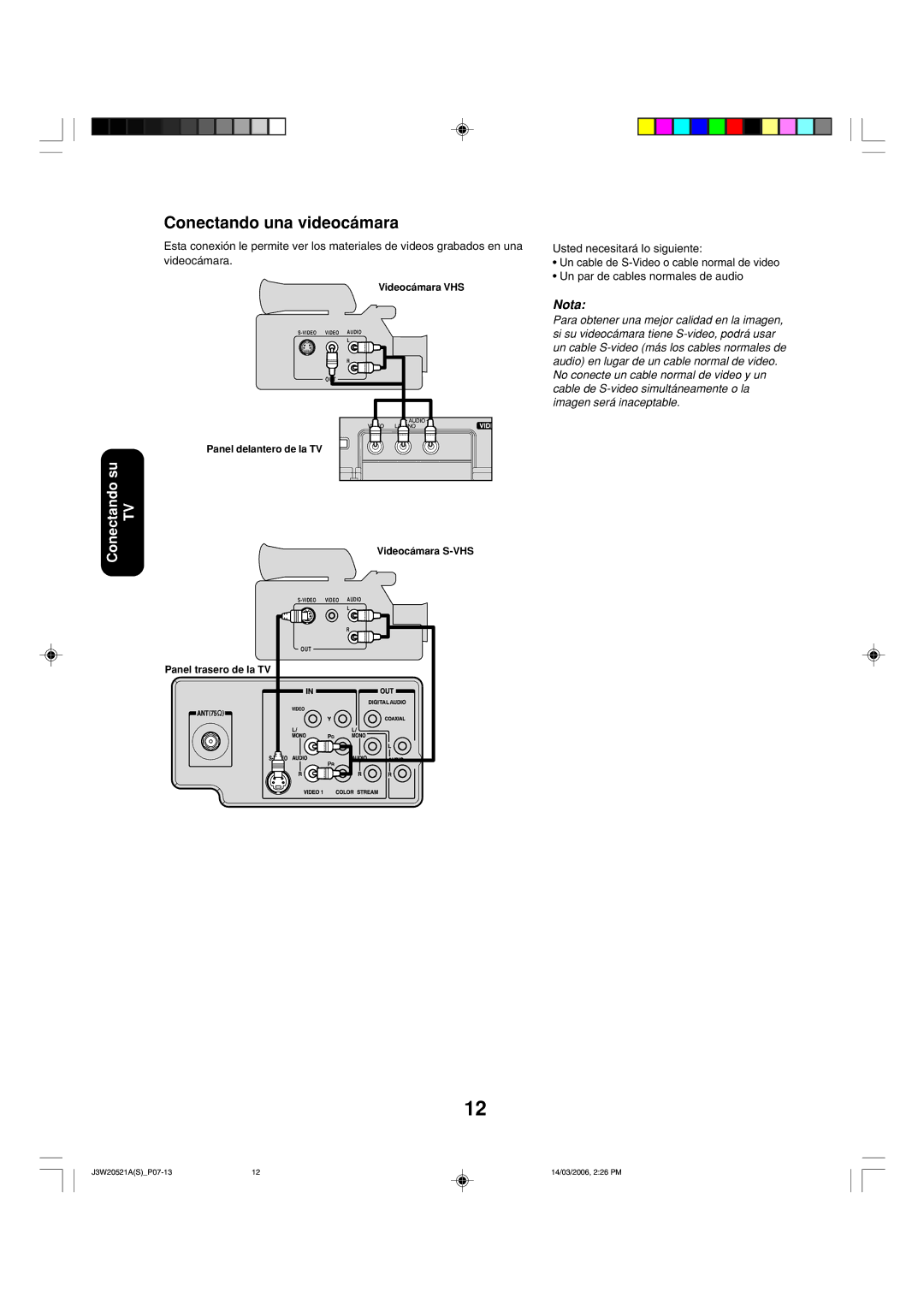 Toshiba 27DF46 appendix Conectando una videocámara, Videocámara VHS, Panel delantero de la TV Videocámara S-VHS 