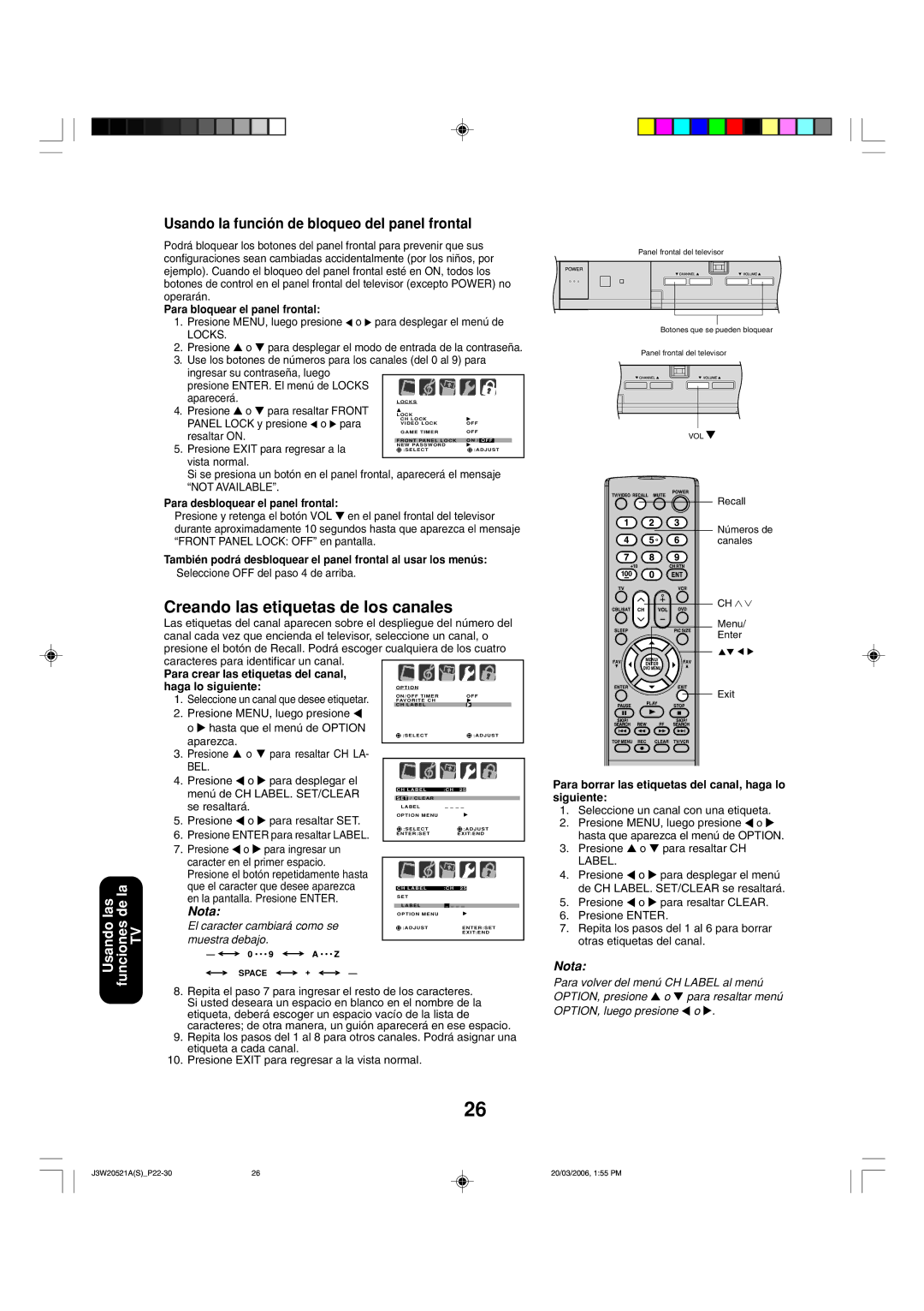 Toshiba 27DF46 appendix Creando las etiquetas de los canales, Usando la función de bloqueo del panel frontal 