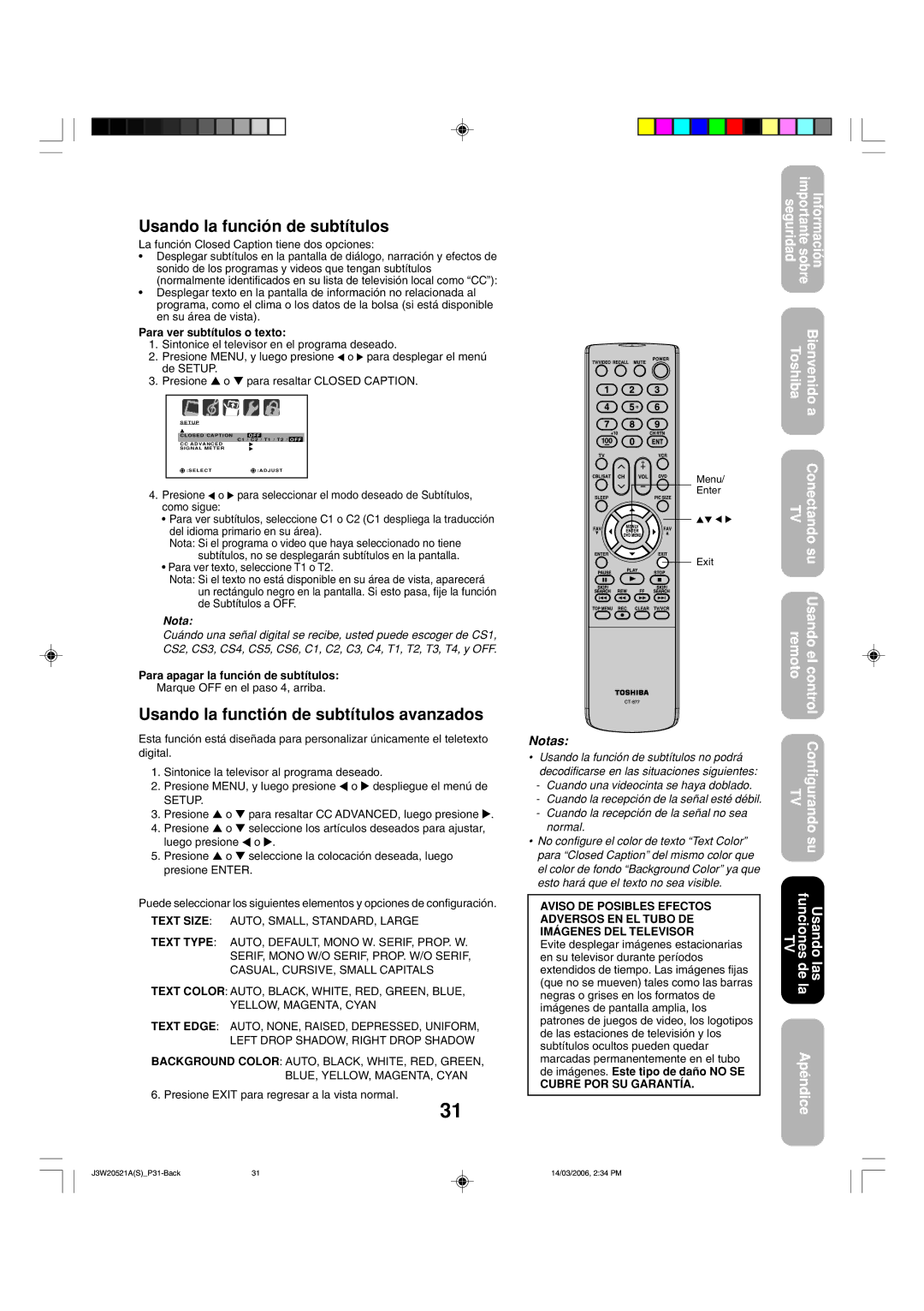 Toshiba 27DF46 Usando la función de subtítulos, Usando la functión de subtítulos avanzados, Para ver subtítulos o texto 