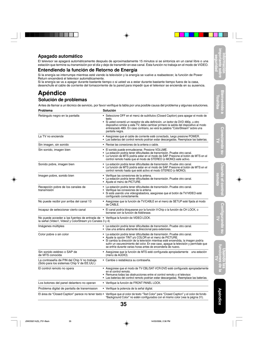 Toshiba 27DF46 Apagado automático, Entendiendo la función de Retorno de Energía, Solución de problemas, Problema Solución 