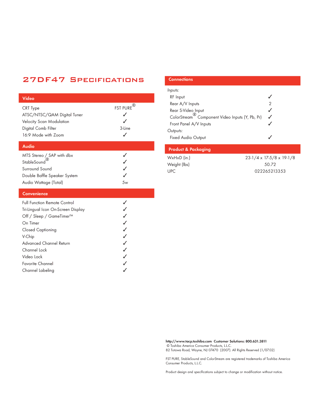 Toshiba manual 27DF47 Specifications, Video, Audio, Convenience, Connections 