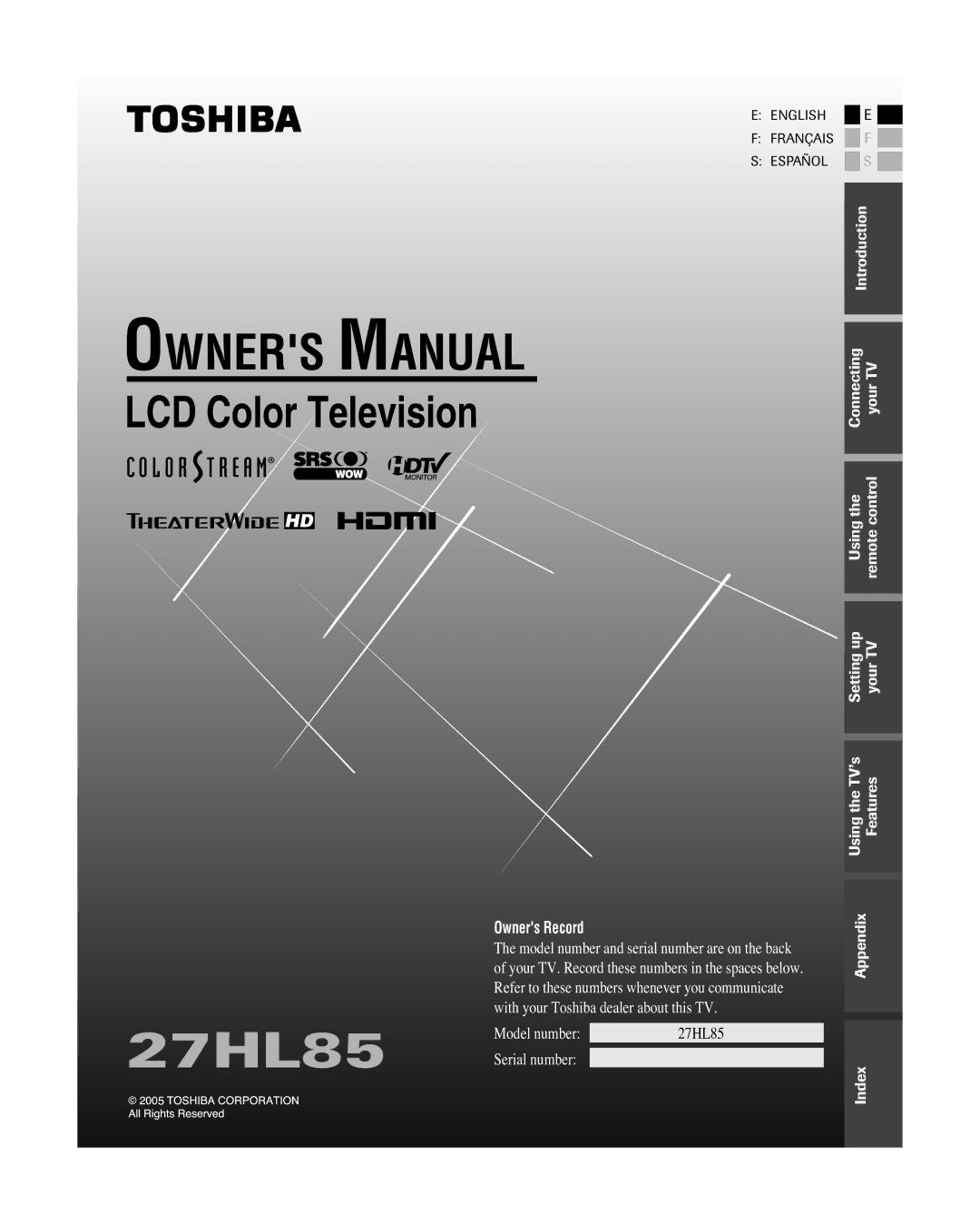 Toshiba 27HL85 owner manual 