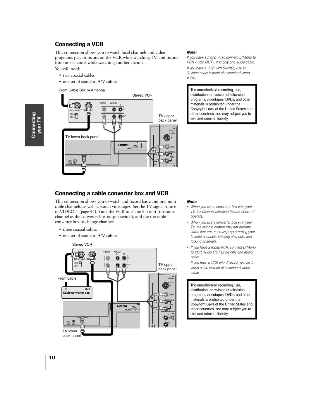 Toshiba 27HL85 owner manual Connecting a VCR, Connecting a cable converter box and VCR 