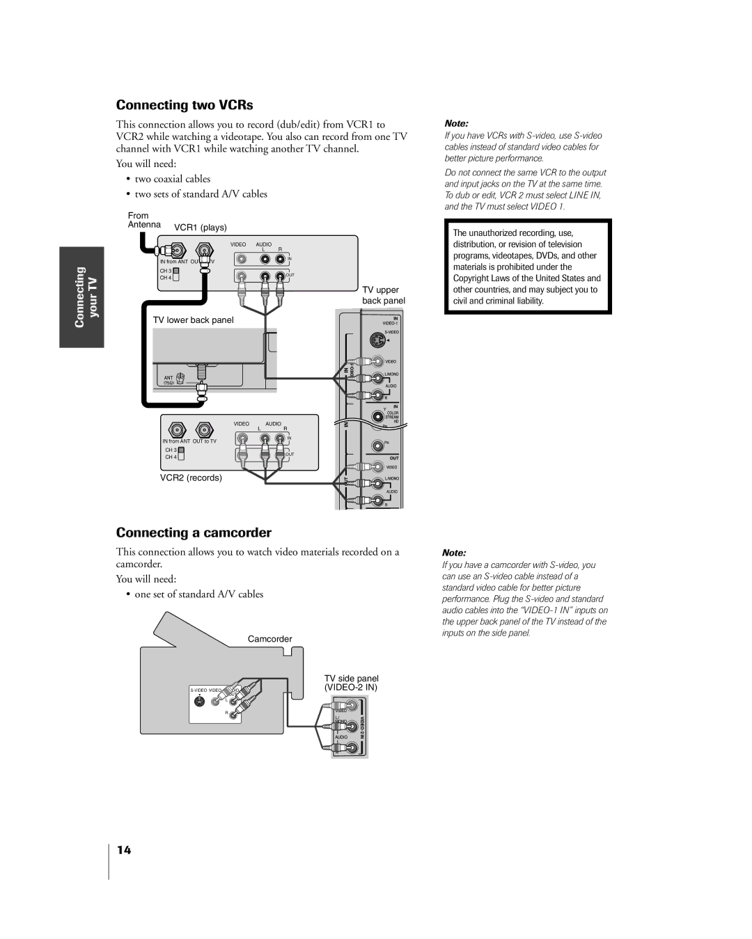 Toshiba 27HL85 owner manual Connecting two VCRs, Connecting a camcorder 