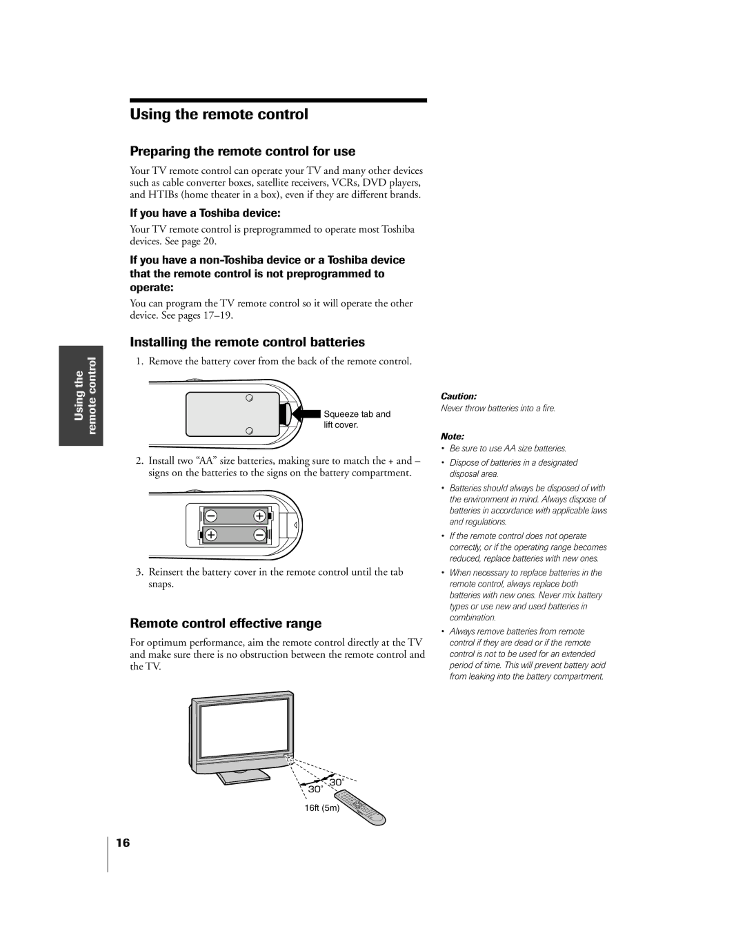 Toshiba 27HL85 Using the remote control, Preparing the remote control for use, Installing the remote control batteries 