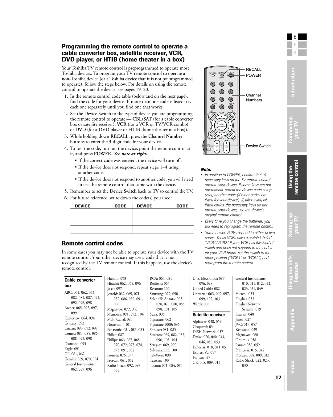 Toshiba 27HL85 owner manual Remote control codes, For future reference, write down the codes you used 