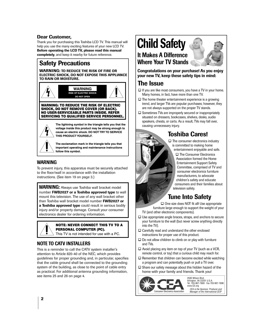 Toshiba 27HL85 owner manual Safety Precautions, Dear Customer 