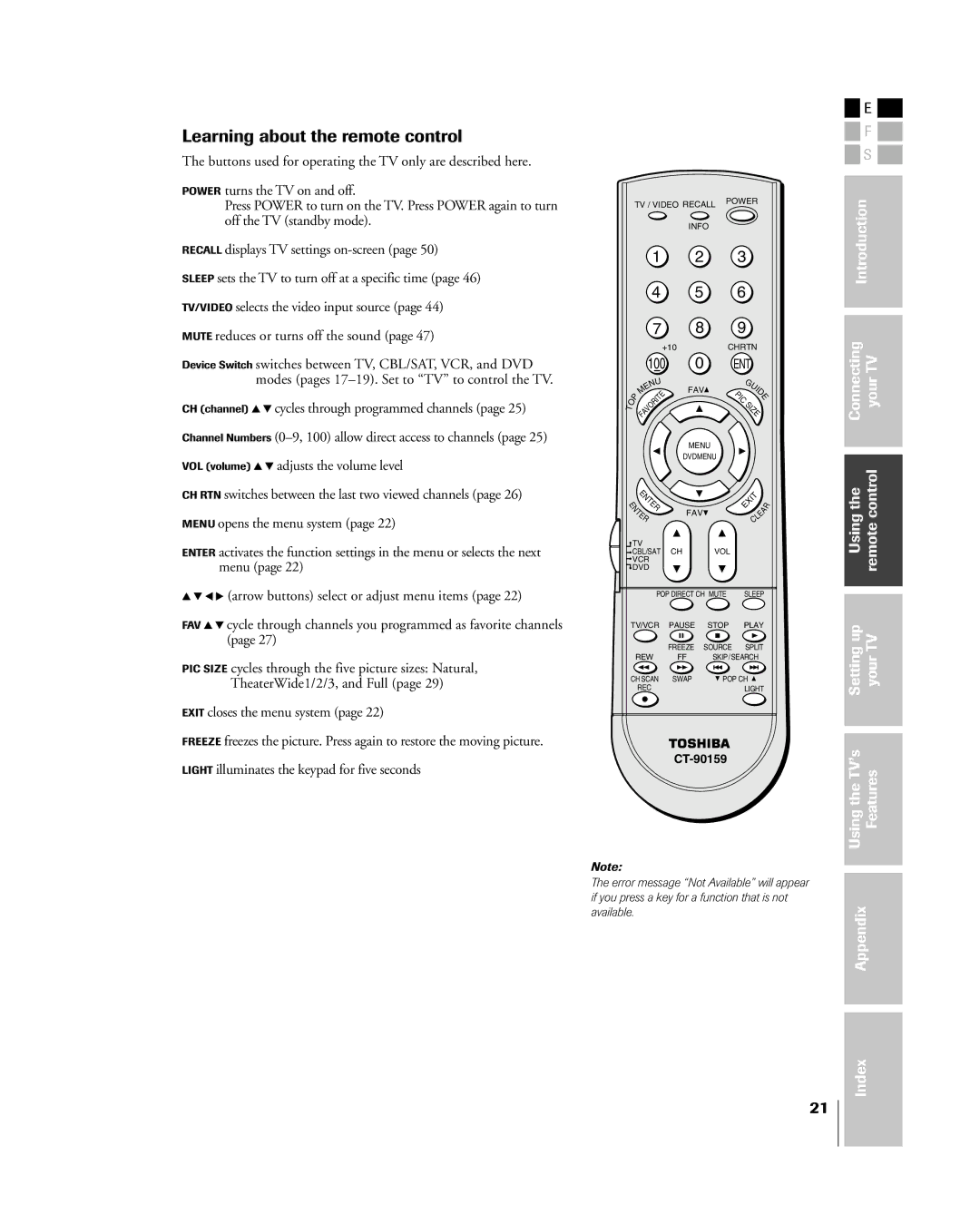 Toshiba 27HL85 owner manual Learning about the remote control 