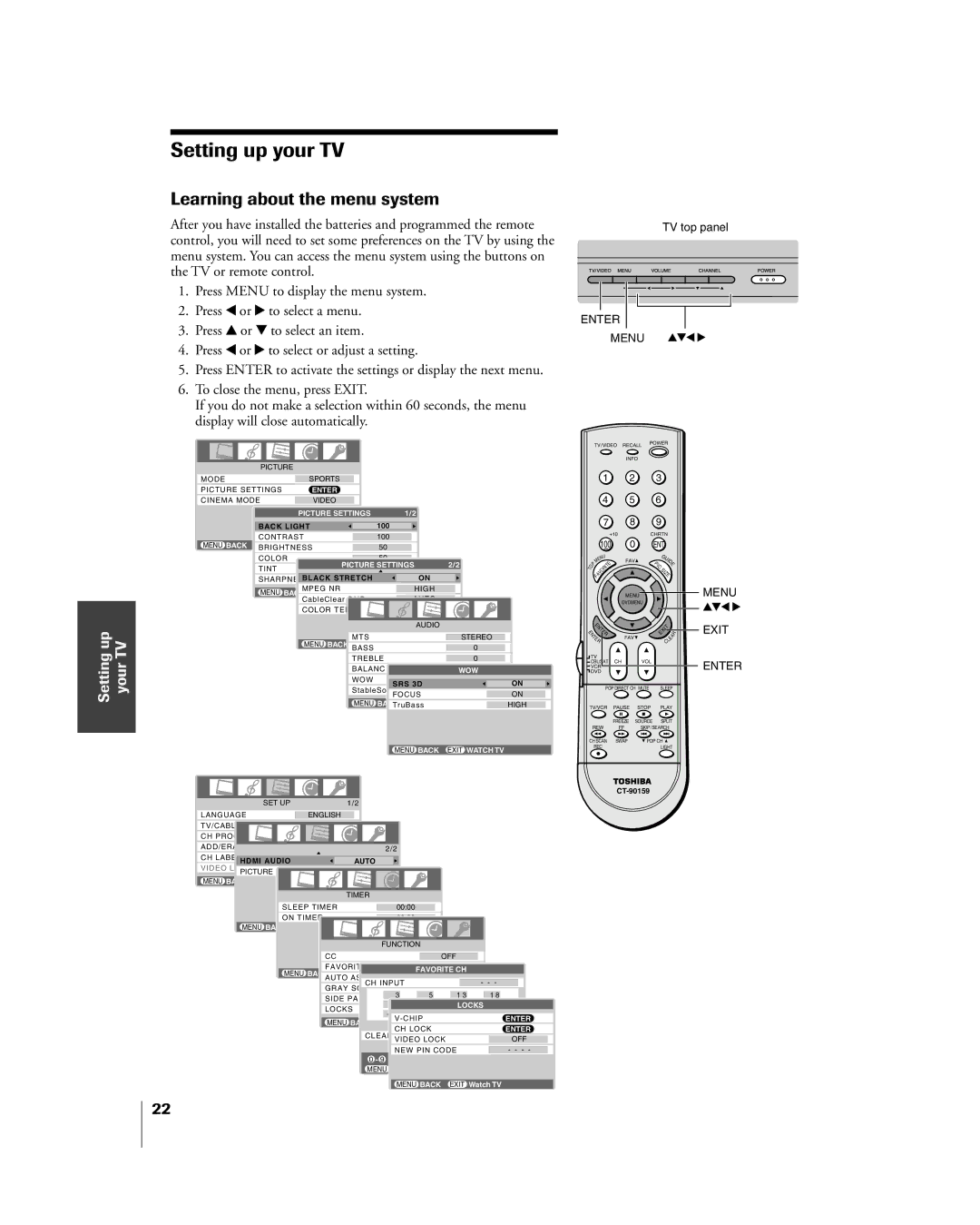 Toshiba 27HL85 owner manual Setting up your TV, Learning about the menu system 