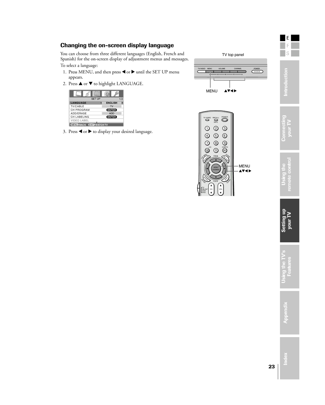 Toshiba 27HL85 owner manual Changing the on-screen display language, Press x or to display your desired language 