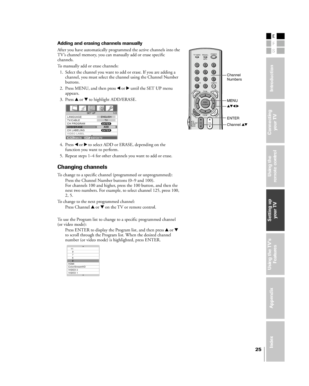 Toshiba 27HL85 owner manual Changing channels, Adding and erasing channels manually 