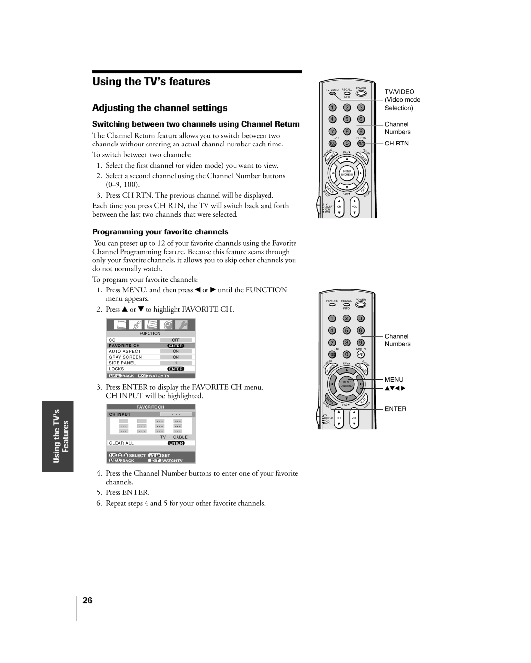 Toshiba 27HL85 owner manual Using the TVÕs features, Adjusting the channel settings, Programming your favorite channels 