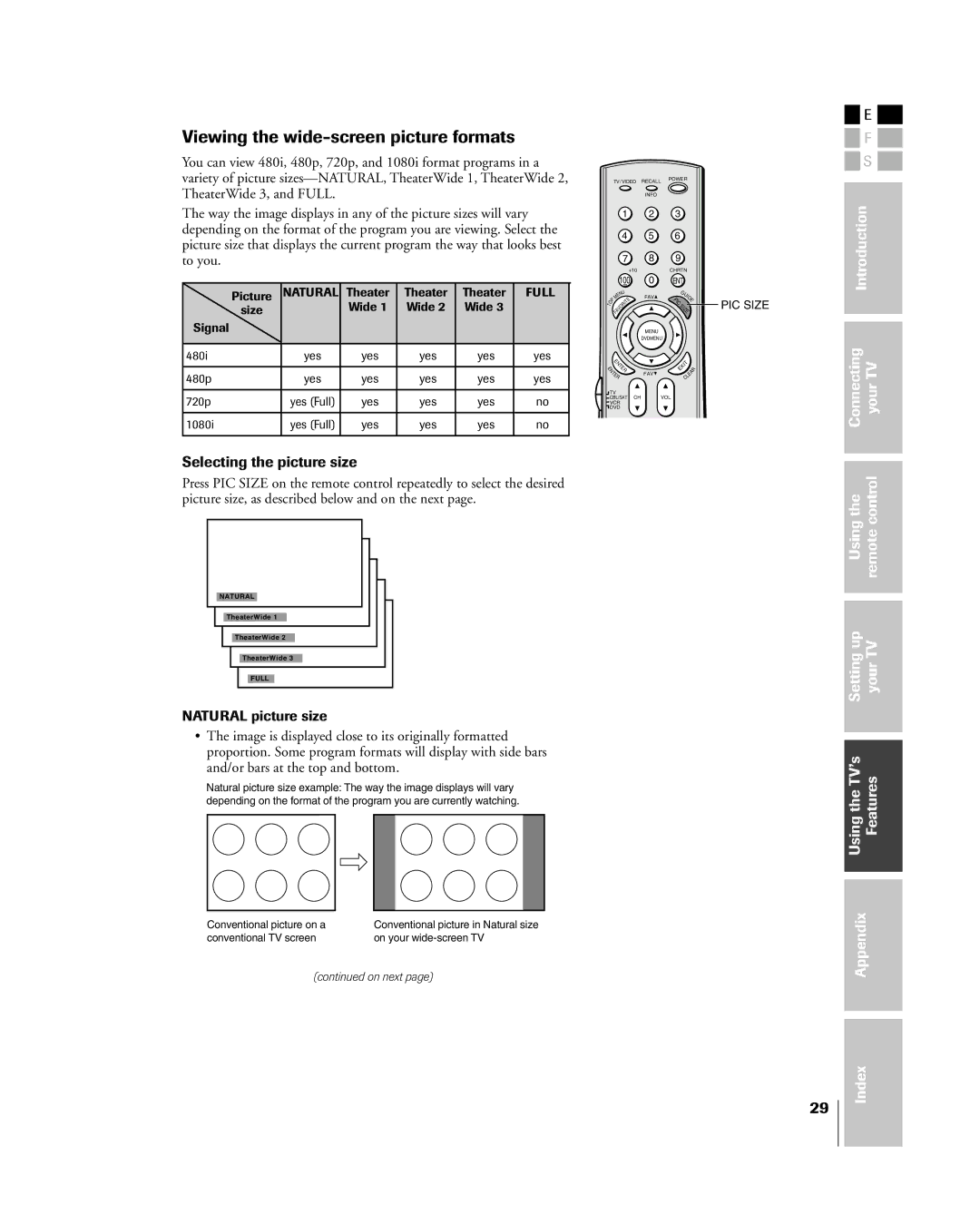 Toshiba 27HL85 owner manual Viewing the wide-screen picture formats, Selecting the picture size 