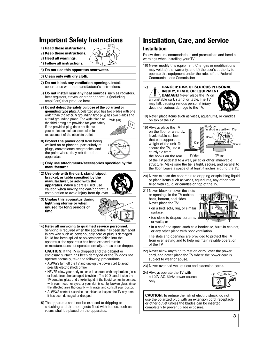 Toshiba 27HL85 owner manual Important Safety Instructions, Installation 