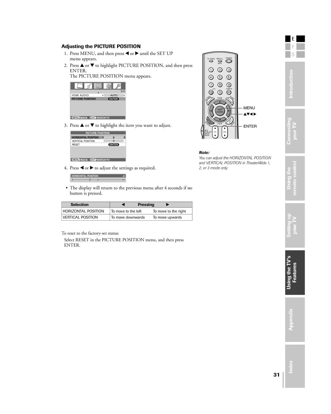 Toshiba 27HL85 owner manual Adjusting the Picture Position, Press MENU, and then press x or until the SET UP, Menu appears 